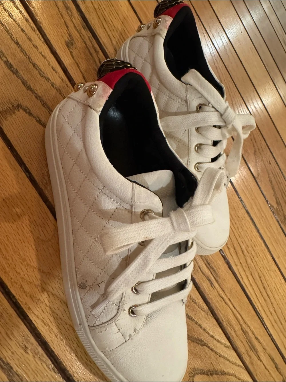Kurt Geiger Quilted White Lace-Up Sneakers with Red Heel Tab